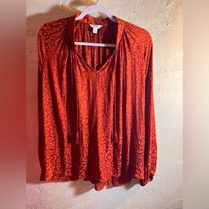 Orange Bohemian Top Blouse Animal Print Flowy loose fit long sleeve leopard M